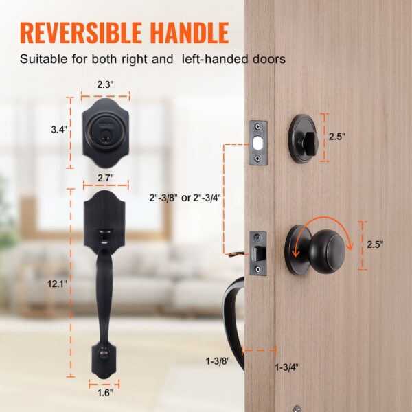 reversible handle set for right and left doors with detailed dimensions for VEVOR front door lock set.