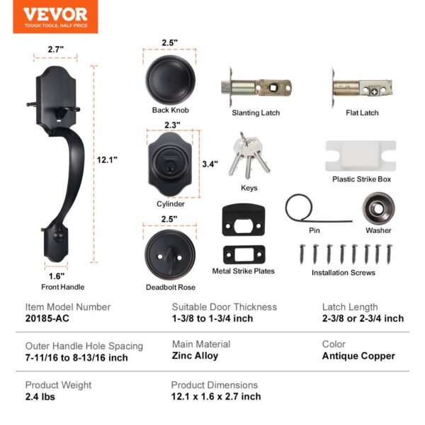 VEVOR front door lock set with handle, back knob, latch, key, cylinder, strike plates, screws, and washer.