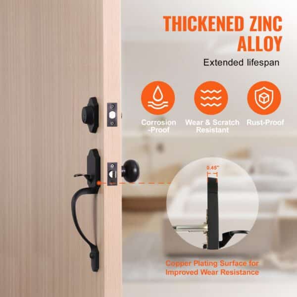 VEVOR front door lock set made with thickened zinc alloy, featuring corrosion-proof and rust-proof properties.