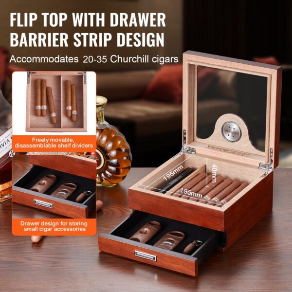 wooden VEVOR cigar humidor with drawer, flip-top design, holds 20-35 cigars, includes shelf dividers.