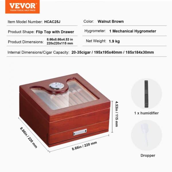 VEVOR cigar humidor in walnut brown with drawer, mechanical hygrometer, and space for 20-35 cigars.