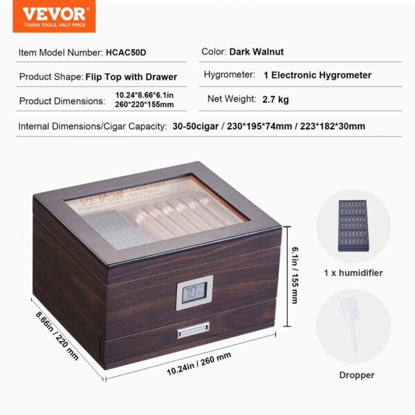 VEVOR 50 Cigar Humidor Glasstop Cedar Cigar Box Humidifier & Hygrometer & Drawer