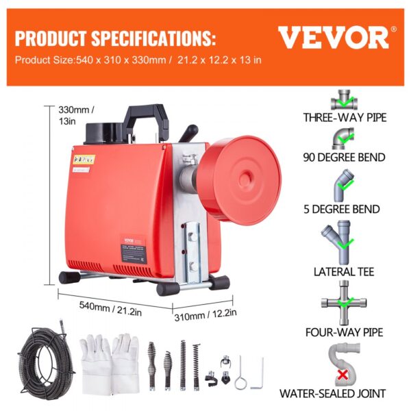 VEVOR Drain Cleaner Machine 66FT x 5/8" 250W Sewer Snake Auger Manual Feed