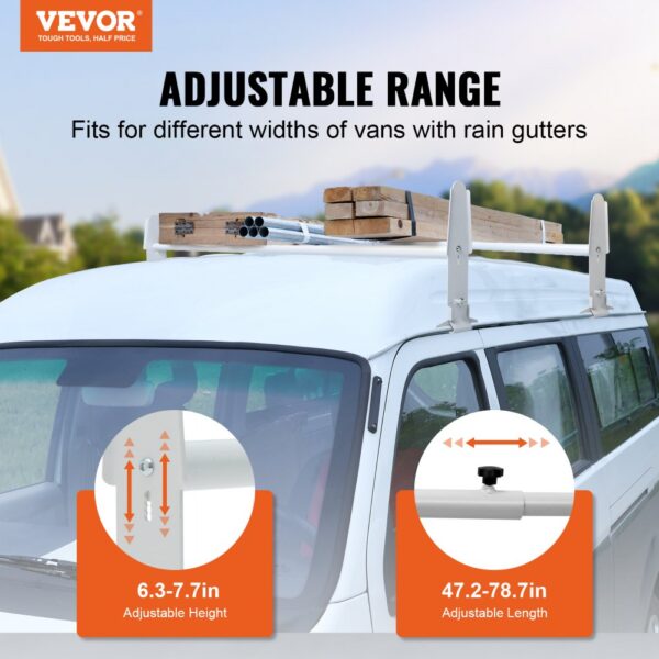 VEVOR van roof ladder rack on white van, holding wood planks and pipes, adjustable height and length.