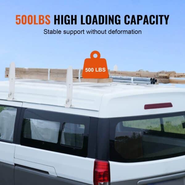 VEVOR van roof ladder rack with high load capacity of 500lbs, holding wooden planks and pipes