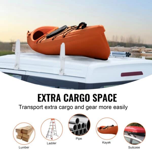 orange kayak on a VEVOR van roof ladder rack transporting extra gear with text detailing cargo types.