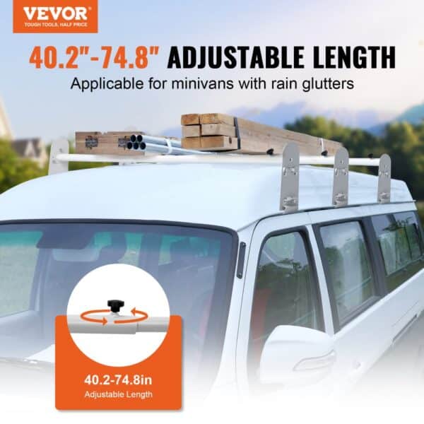 VEVOR Van Roof Ladder Rack, 3 Bars Alloy Steel Roof Racks, 340 kg Capacity Rain-Gutter Roof Rack, Adjustable Length 40.2" to 74.8", Van Ladder Rack Compatible with Chevrolet Express, GMC Savana, etc