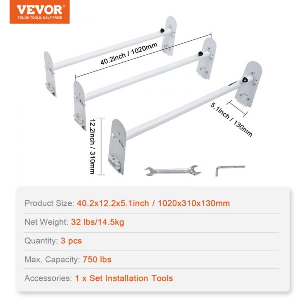 VEVOR Van Roof Ladder Rack, 3 Bars Alloy Steel Roof Racks, 340 kg Capacity Rain-Gutter Roof Rack, Adjustable Length 40.2" to 74.8", Van Ladder Rack Compatible with Chevrolet Express, GMC Savana, etc