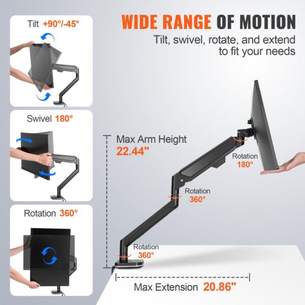 VEVOR monitor mount with adjustable arms, 360° rotation, 180° swivel, and max extension of 20.86".