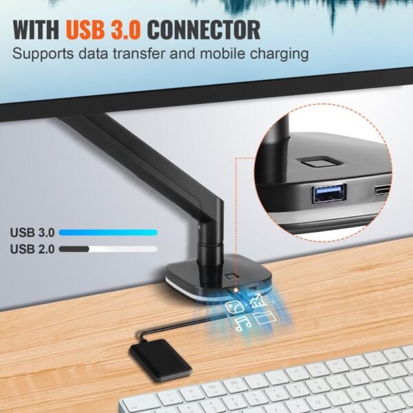 monitor connected to VEVOR monitor mount with usb 3.0 connector for data transfer and mobile charging.