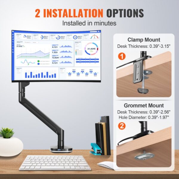 VEVOR monitor mount with 2 installation options: clamp and grommet mount, on a modern office desk.