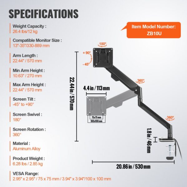 VEVOR monitor mount specs: compatible monitor size 13"-35", weight 26.4 lbs, arm length 22.44", aluminum alloy.