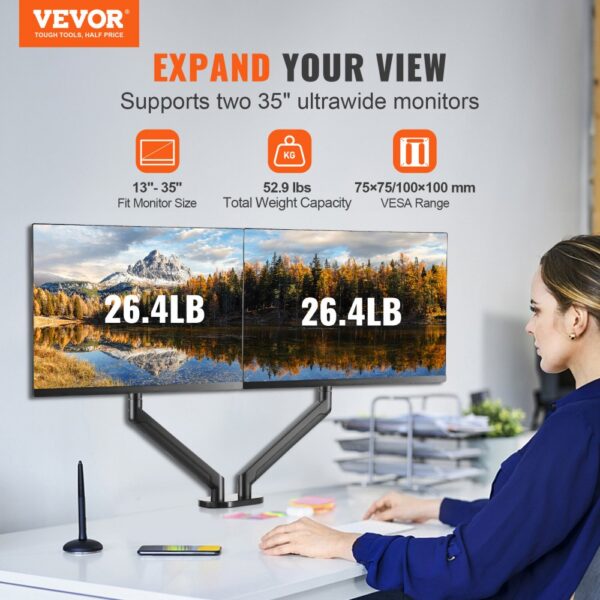 VEVOR dual monitor stand supporting two 35" ultrawide monitors with 52.9 lbs total weight capacity.