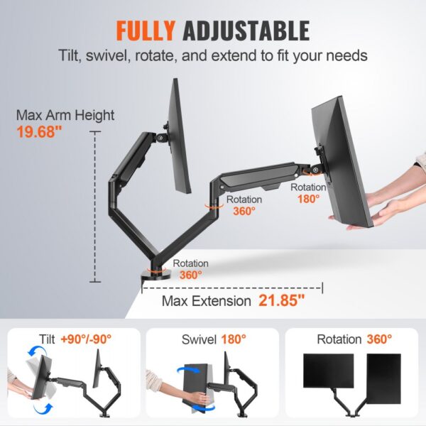 VEVOR dual monitor stand with fully adjustable arms, max height 19.68", extension 21.85", and 360° rotation.