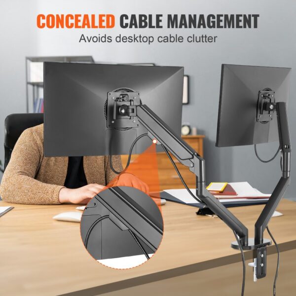 VEVOR dual monitor stand on desk with concealed cable management to reduce desktop clutter.