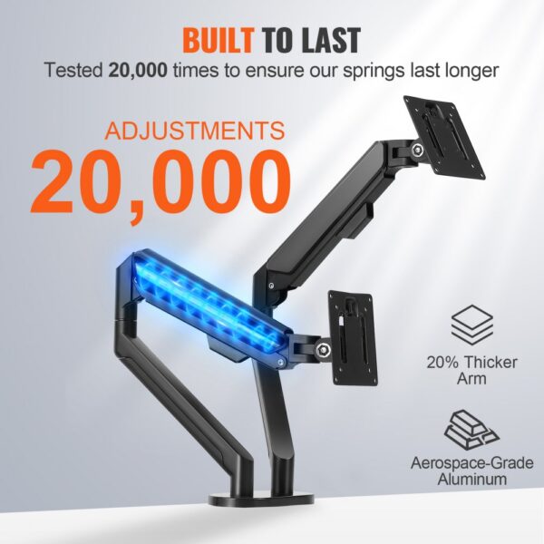 VEVOR dual monitor stand with blue led lights, adjustable arms, and durable aerospace-grade aluminum.