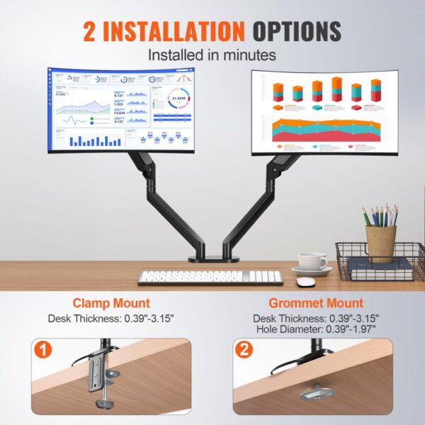 VEVOR dual monitor stand featuring clamp and grommet mount options on a tidy office desk.