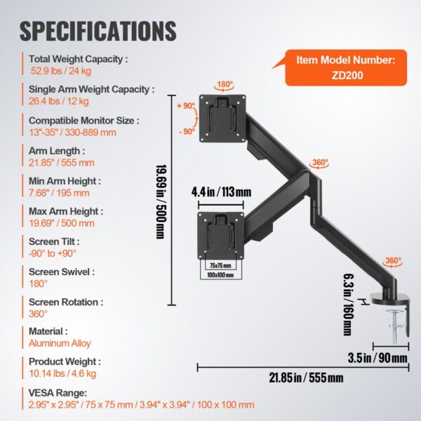 specifications of VEVOR dual monitor stand zd200: max weight 52.9 lbs, arm length 21.85 in, vesa 75x75 mm.