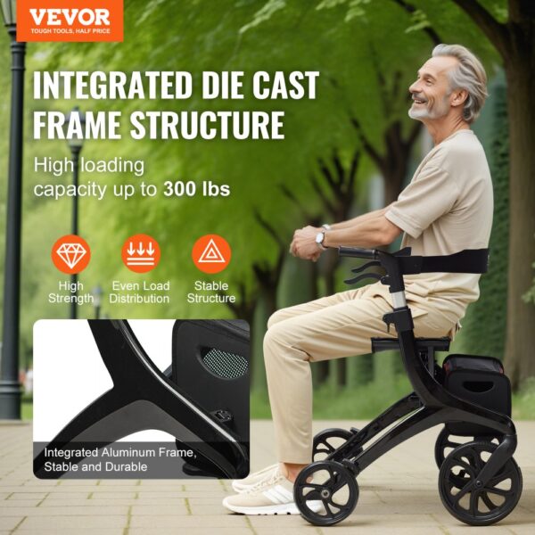 VEVOR folding rollator walker with high strength, stable structure, and 300 lbs capacity in a park.