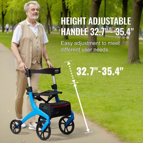 person using VEVOR rollator walker with height adjustable handle 32.7"-35.4" in a park.