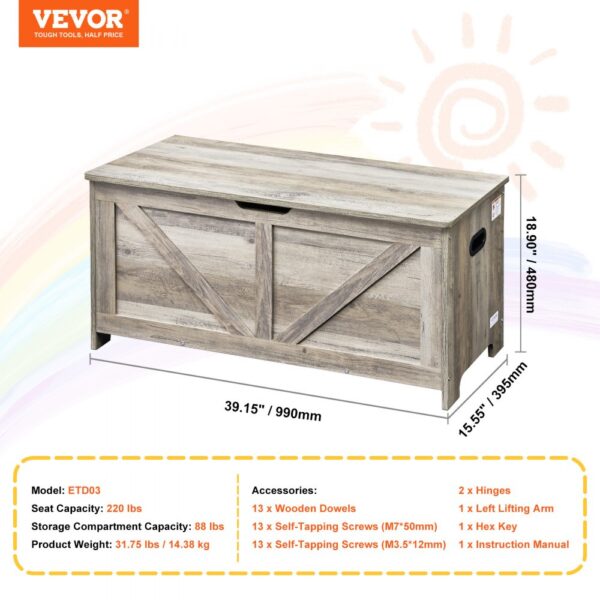 VEVOR Kids Toy Storage Bench Wooden Toy Box Chest 38.98 x 15.55 x 18.9 in Gray