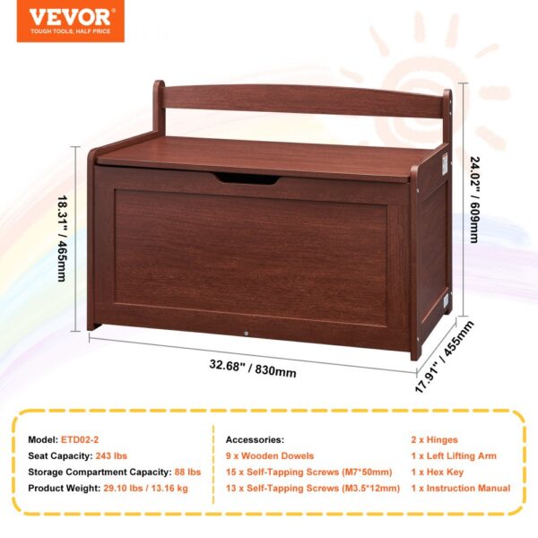 VEVOR Kids Toy Storage Bench Wooden Toy Box Chest 32.68 x 17.91 x 24.02" Cherry