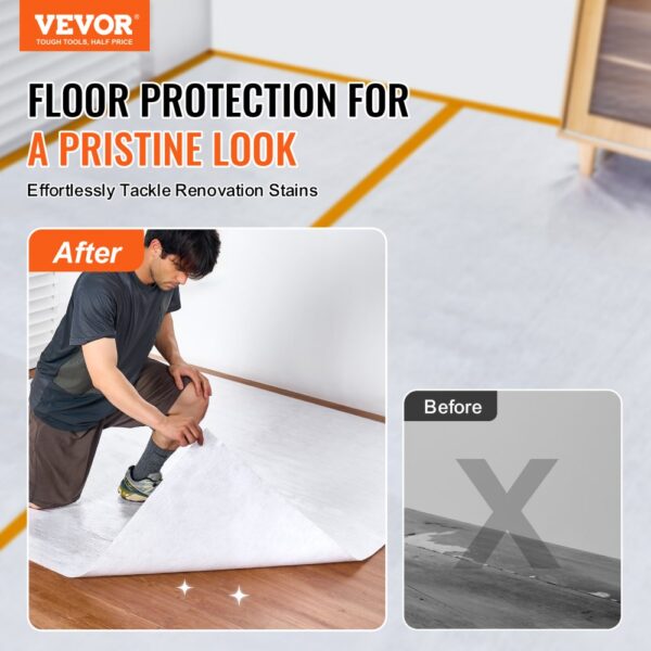 VEVOR carpet protection film prevents renovation stains, showcasing before and after floor protection.