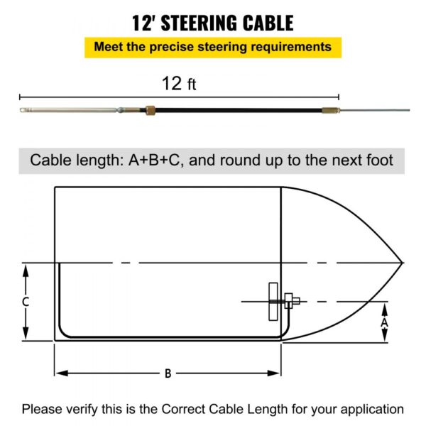 VEVOR boat steering kit 12' steering cable diagram with measurements a, b, and c.