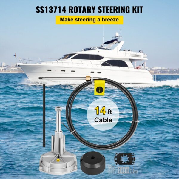 VEVOR boat steering kit with 14 ft cable and components in front of a white yacht on the sea.