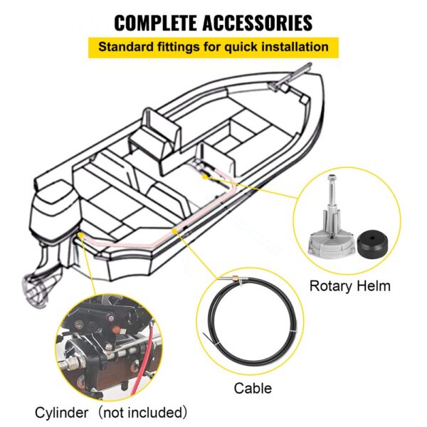 boat with VEVOR outboard steering kit, rotary helm, and cables shown in detail.