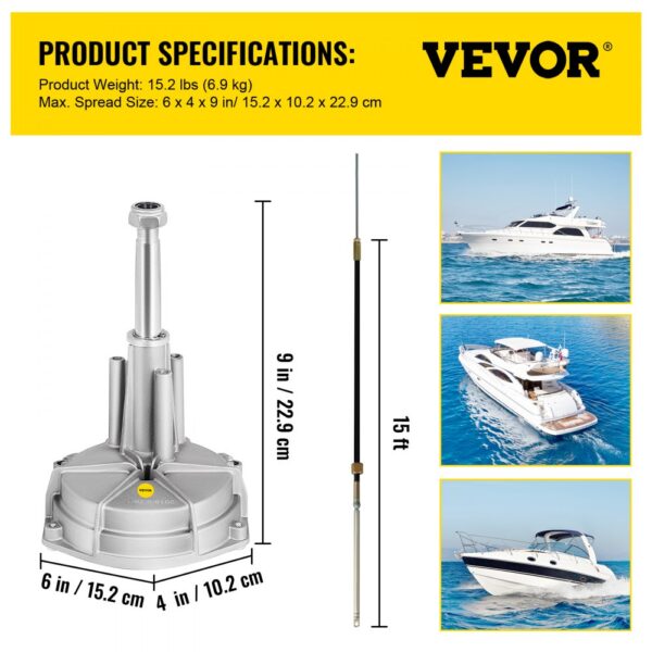 VEVOR outboard steering kit specifications with images of boats on water.