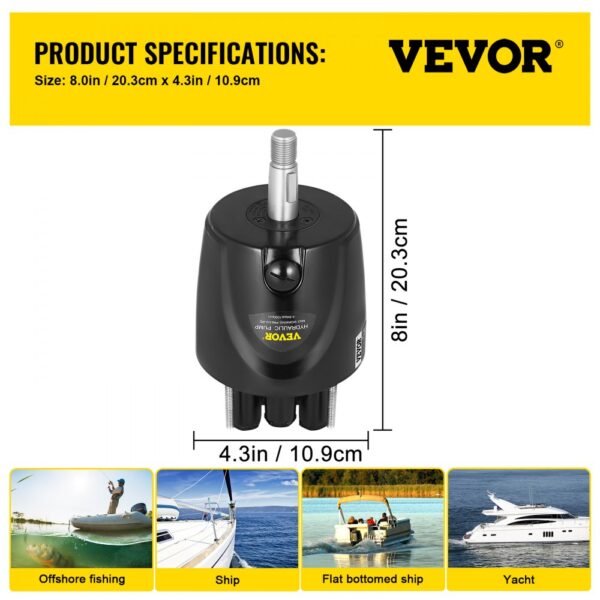 VEVOR hydraulic steering pump with dimensions, suitable for various boat types.