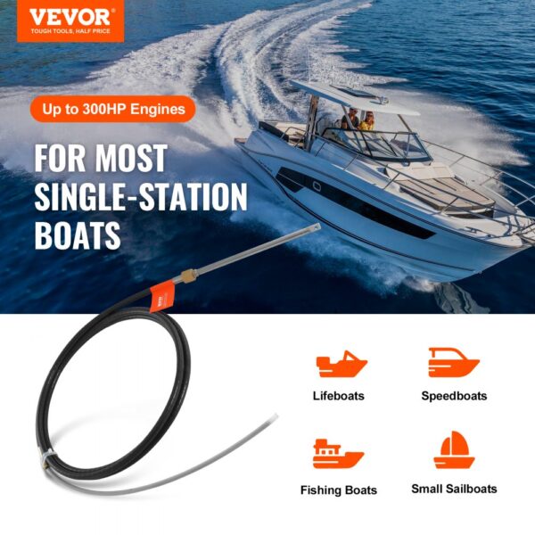 VEVOR boat steering cable for single-station boats, compatible with engines up to 300hp.