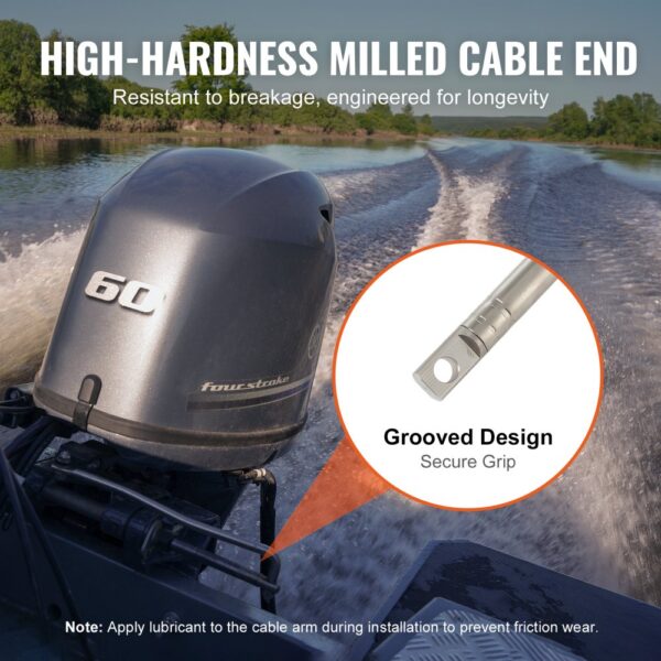 boat engine in motion with high-hardness milled VEVOR boat steering cable end, highlighting grooved design.