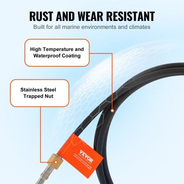 VEVOR boat steering cable with high-temperature waterproof coating and stainless steel trapped nut.