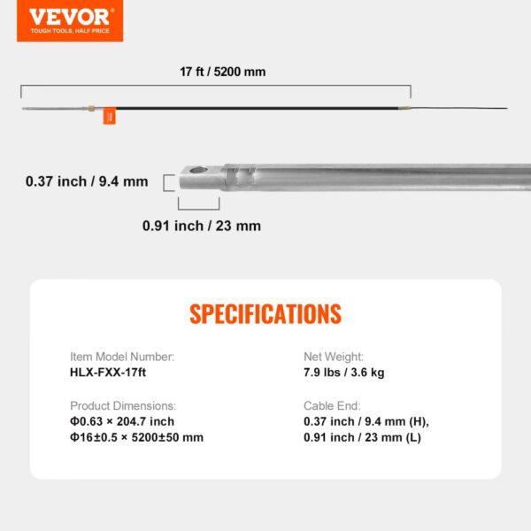 VEVOR boat steering cable: 17 ft long, 0.37 inch diameter, weighs 7.9 lbs, item model hlx-fxx-17ft.