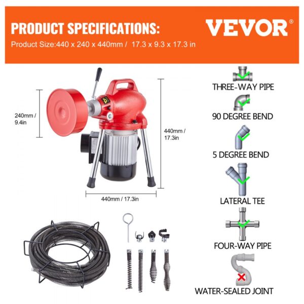 VEVOR Drain Cleaner Machine 66FT x 5/8In 250W Sectional Snake Auger Manual Feed