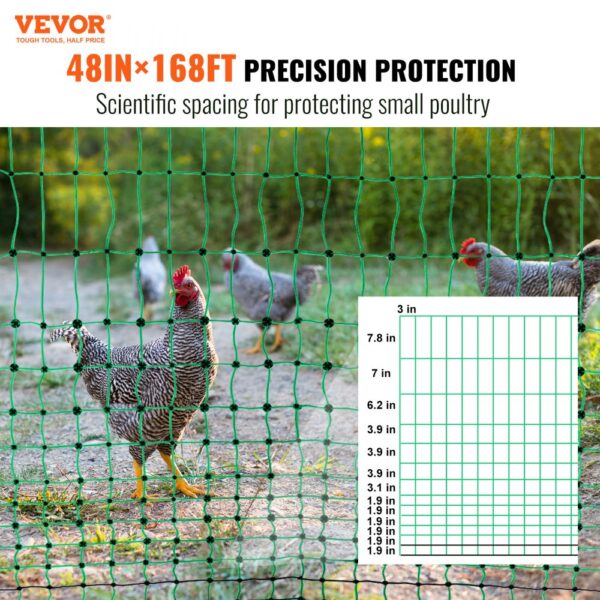 VEVOR electric fence netting for small poultry with 48x168ft green mesh and scientific spacing.