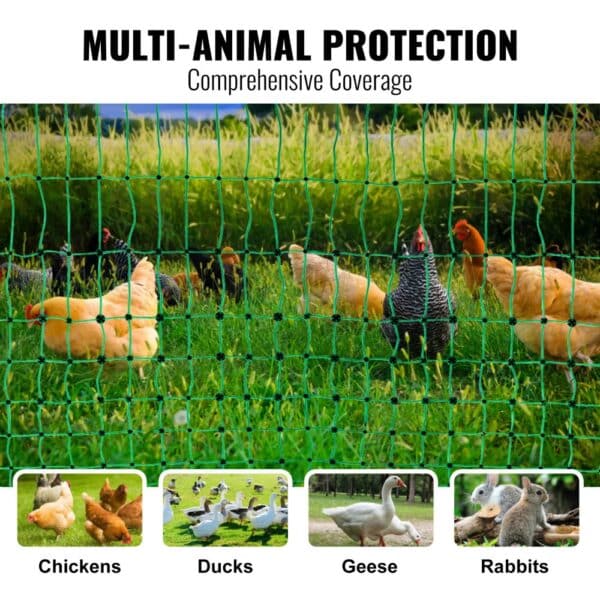 VEVOR electric fence netting protecting chickens, ducks, geese, and rabbits in a grassy area.