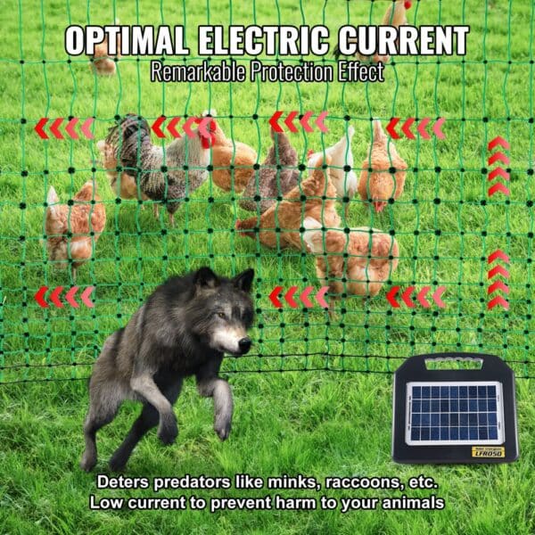 VEVOR electric fence netting showcasing chickens inside a fenced area with a wolf and solar panel nearby.