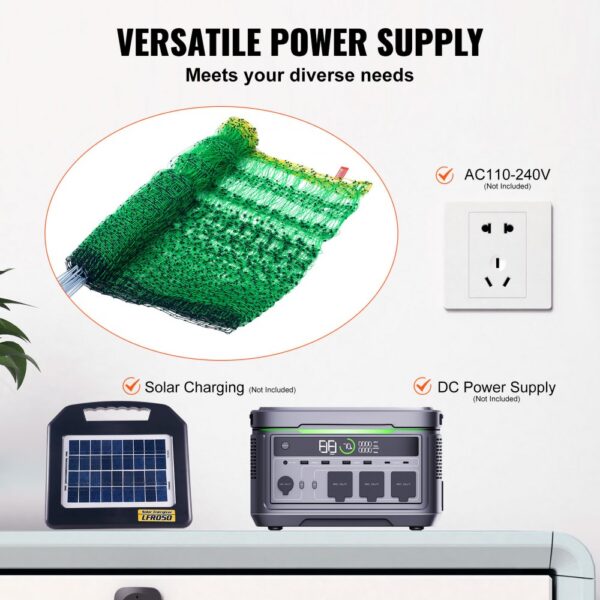 VEVOR electric fence netting with multiple power supply options including ac, dc, and solar charging.