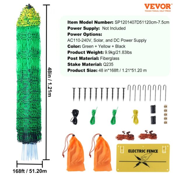 VEVOR electric fence netting set with green, yellow, and black netting, stakes, cords, and accessories.