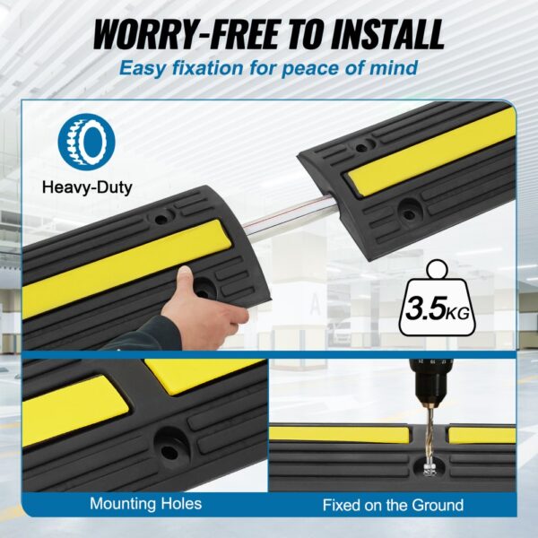 VEVOR cable protector ramp, heavy-duty, black and yellow, 3.5kg, with mounting holes and ground fixation.