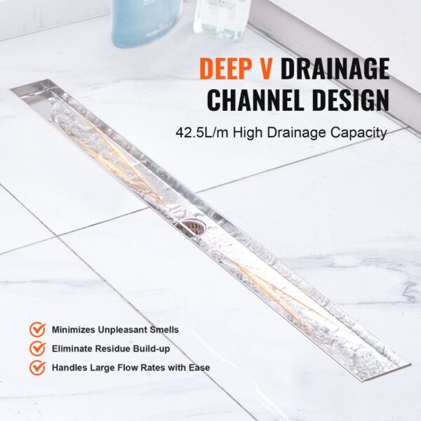 VEVOR linear shower drain with deep v drainage channel design on white marble floor, handles 42.5l/m.