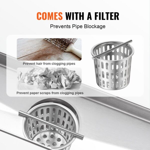 VEVOR linear shower drain with a filter to prevent hair and paper scraps from clogging pipes.