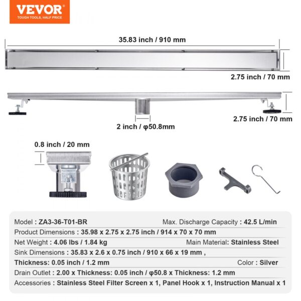 VEVOR linear shower drain with dimensions and installation accessories detailed. stainless steel construction.