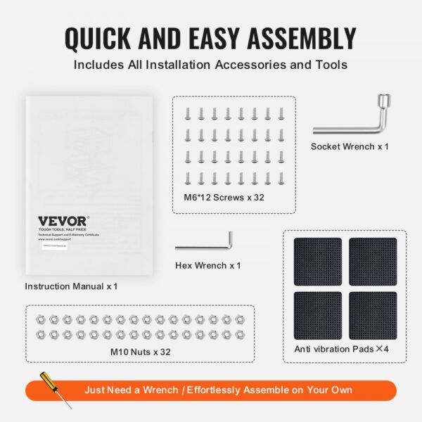 VEVOR laundry pedestal assembly kit includes screws, nuts, hex wrench, socket wrench, pads, and manual.