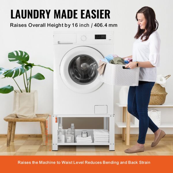 VEVOR laundry pedestal raises washing machine to waist height, reducing bending.