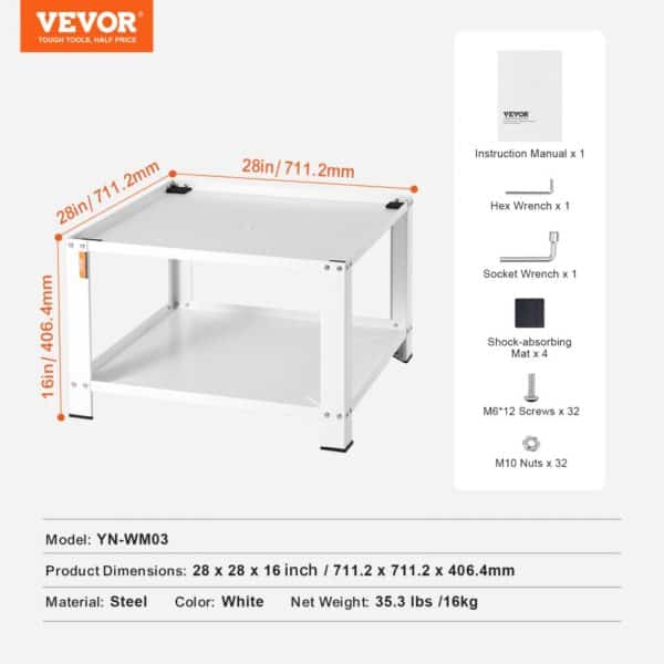 VEVOR laundry pedestal with dimensions 28x28x16 inches, including hex wrench, socket wrench, screws, and shock-absorbing mats.