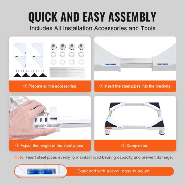 quick assembly steps for VEVOR mini fridge stand; includes accessories, adjustable steel pipes, and a level.